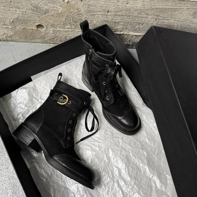 Autumn and Winter Leather Knight Boots Women's Thick-soled Non-slip Medium Heel Round Head Versatile Women's Leather Boots New Cowhide Medium Boots