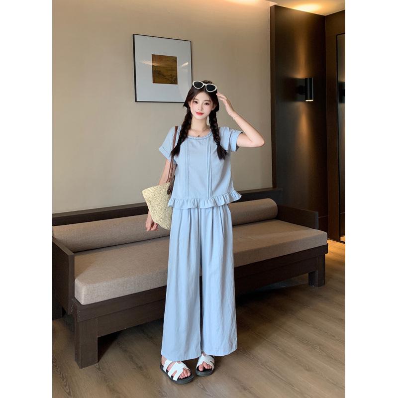 2026 Spring/Summer Plus Size Women s Sweet Ruffled Sleeve Wide-Leg Pants Set. 4XL