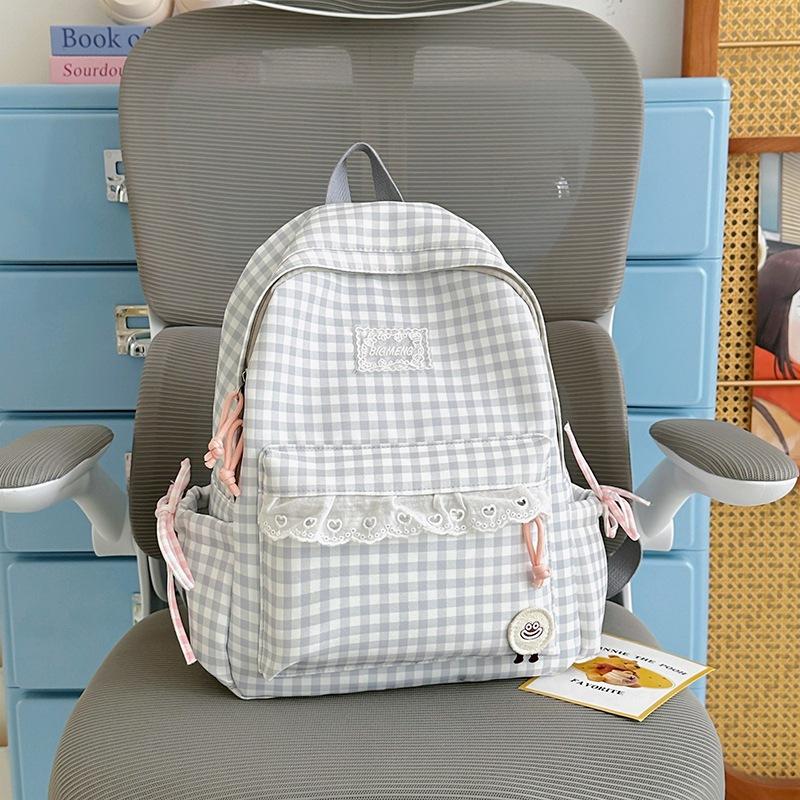 Schoolbag Korean fresh plaid corrugated backpack girl heart lace small schoolbag girls junior high school students female commuter bag