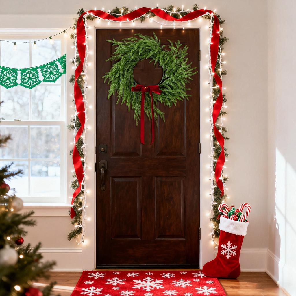 Artificial Norfolk & Cedar Christmas Wreath With Velvet Bow – Real Faux Holiday Front Door Decoration For Indoor Outdoor Use