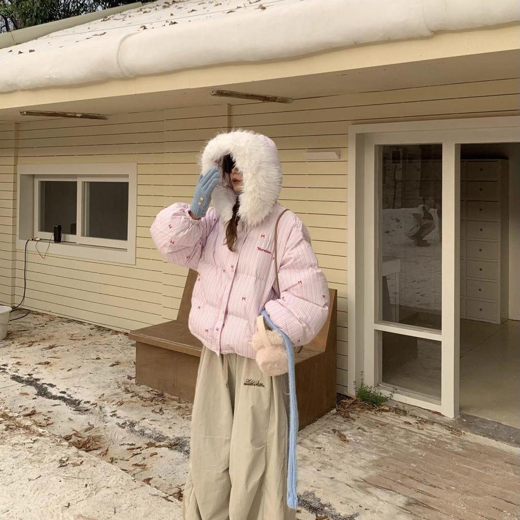 Koreanischer Stil Pelzkragen Gestreifte Kapuzen Baumwolljacke mit Schleife - Kurz, Dick und Warm für den Winter