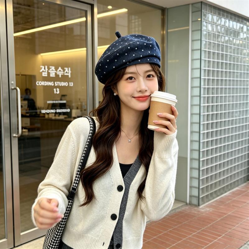 Women S Vintage Polka Dot Beret Hat Large Size Fashionable Painter Cap