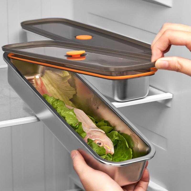 201 Stainless Steel Bacon Tray With Lid, Suitable For Fruits, Vegetables, And Meats, Kitchen Cleaning, And Refrigerator Storage