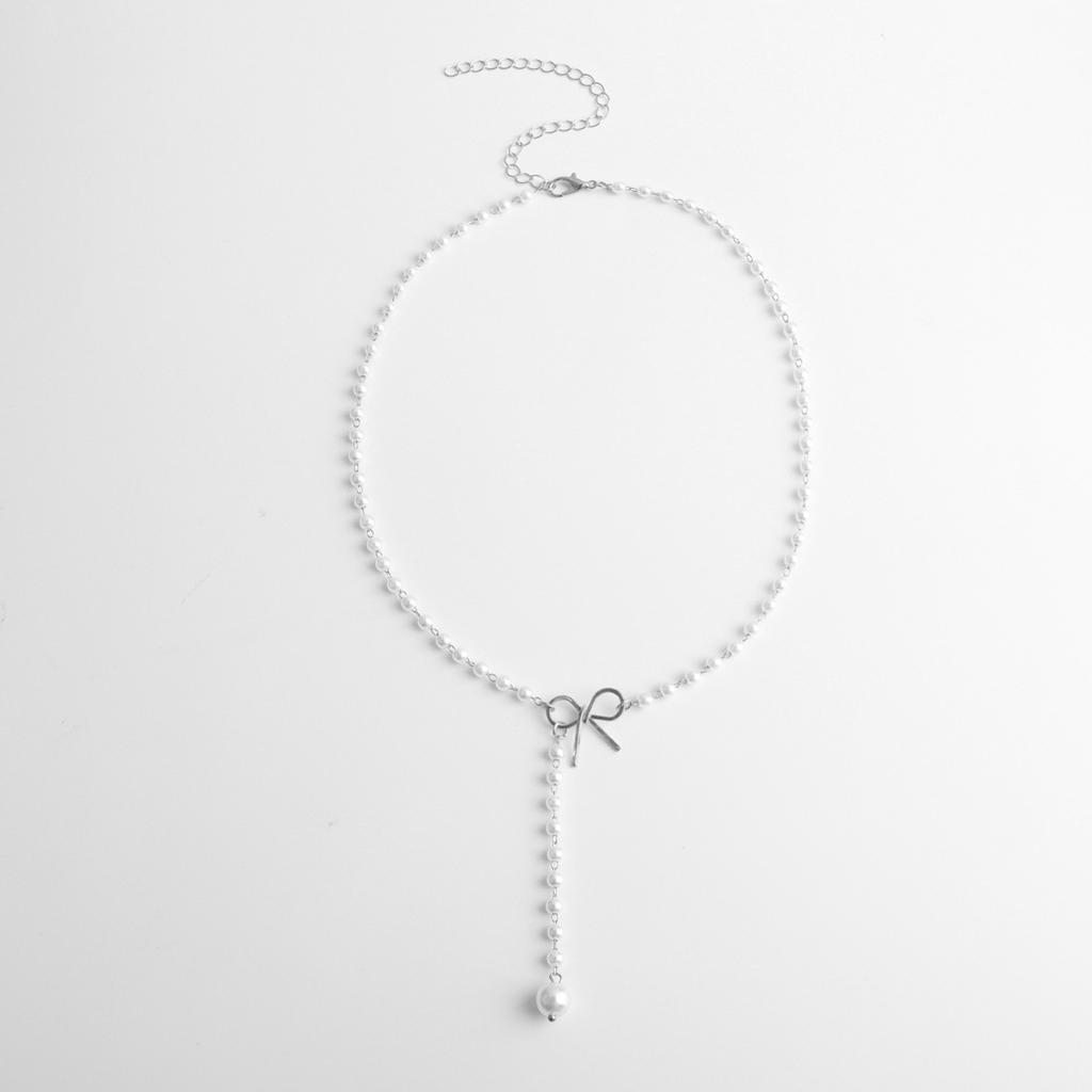Alloy Bow Pearl Fringed Pendant Necklace Women's Simple Temperament Popular Necklace