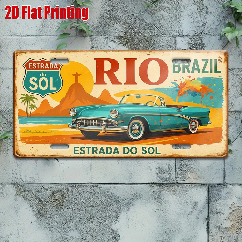

2D flat piece, vintage metal license plate RIO Brazil aluminum sign with Christ statue and classic car, suitable for home, cafe 15x30cm(5.9x7.8inch)