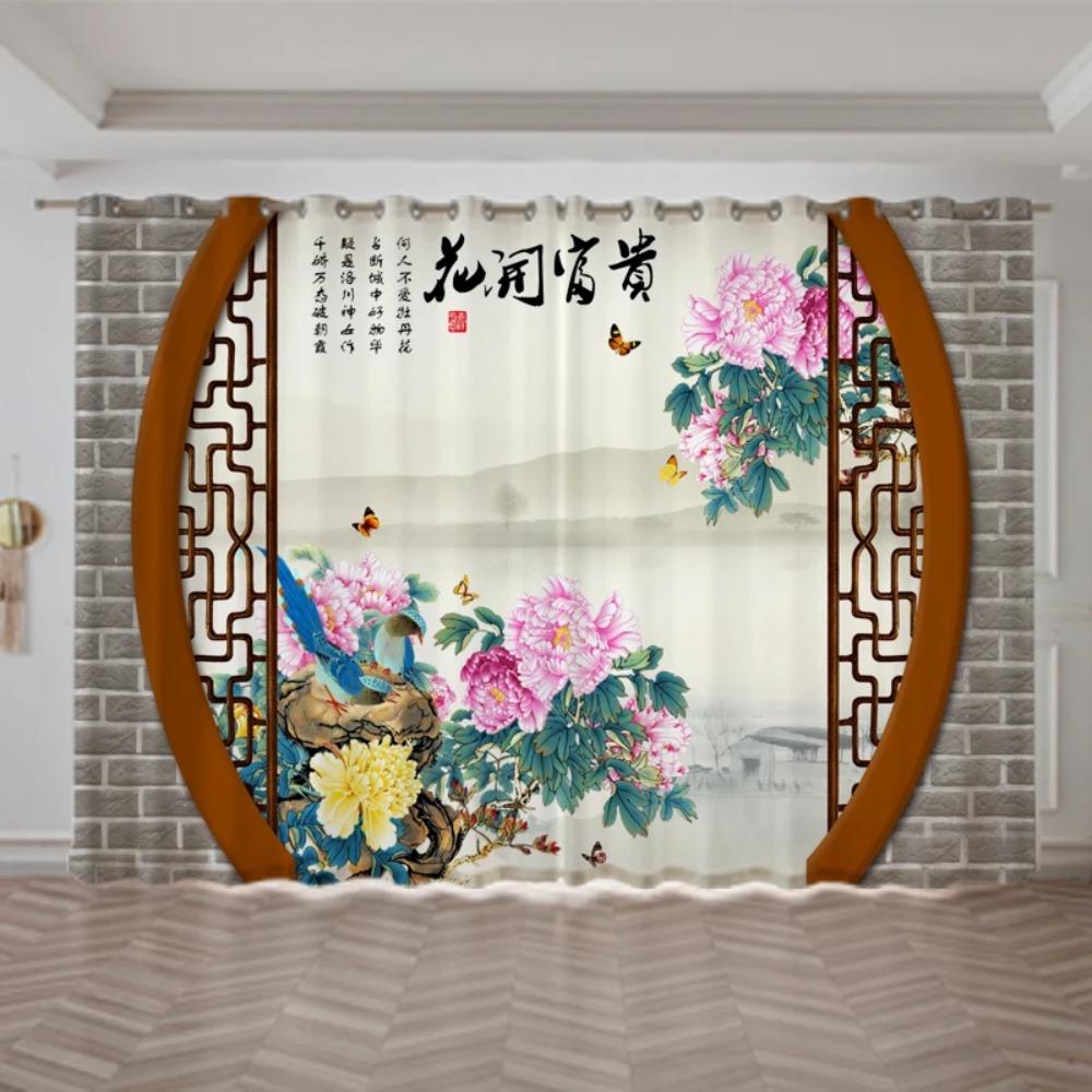 Neuer chinesischer Fluss-Berg-Landschaftsmalerei-Vorhang für Schlafzimmer Wohnzimmer bodentiefes Fenster cortinas Jalousien Drapierung 2 Paneele