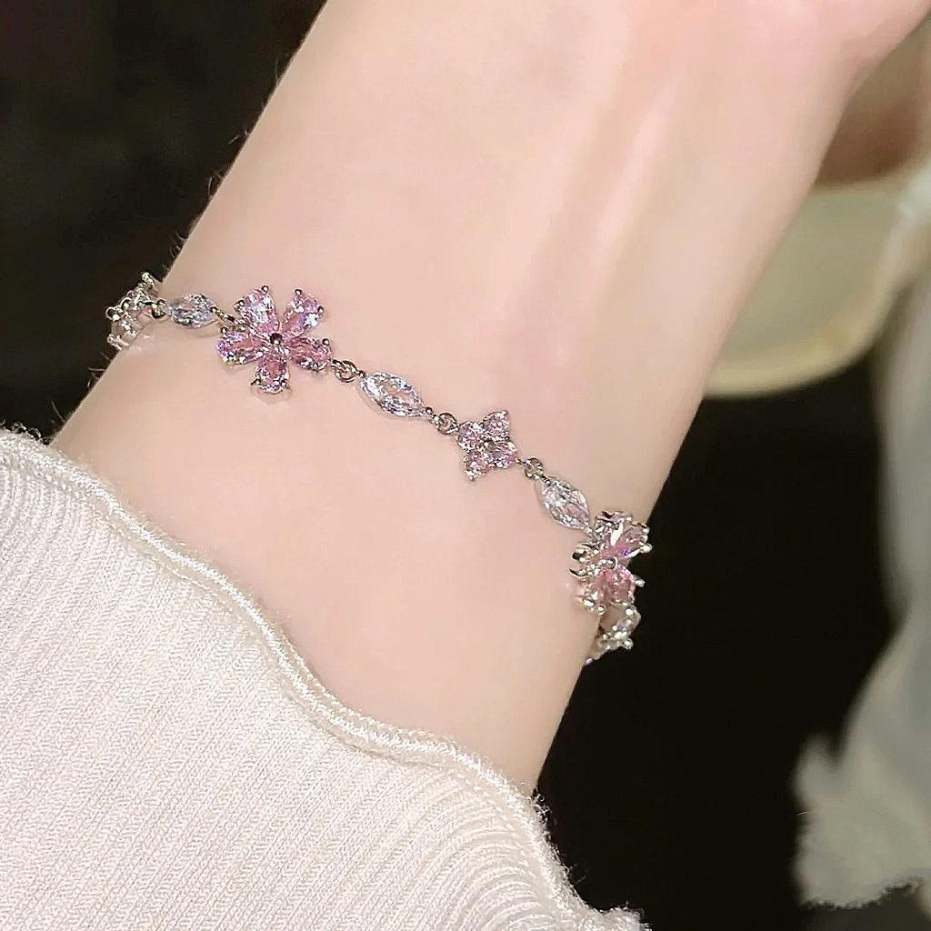 Trendy Y2K Fairy Pink Crystal Zircon Sakura Flowers Bracelet for Women Sweet Cherry Blossom Moon Bow Knot Jewelry Gifts