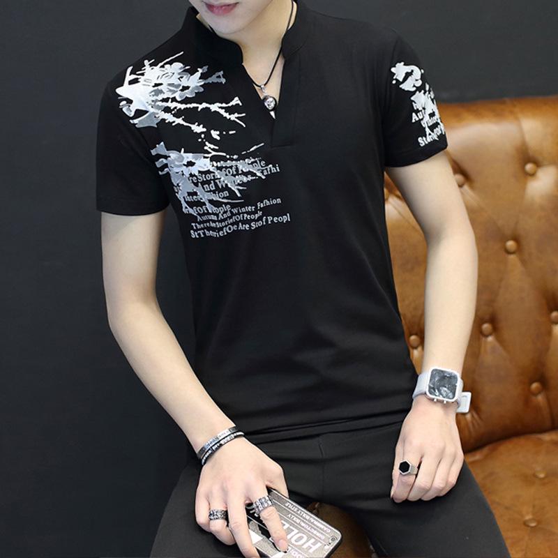 Summer Korean Style Stand Collar Men s T-Shirt - Pure Cotton, Printed, Short Sleeve, Breathable, Comfortable M
