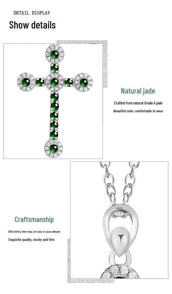 S925 Silber Inlay Natürliches Helles Grünes Jade Kreuz Anhänger für Männer und Frauen