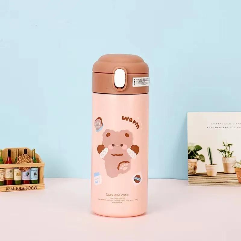 380ML Straw Cups Thermos Vacuum Flask Stainless Steel Cute Cartoon Protable Water Bottle for Girls Insulated Outdoor Tumbler