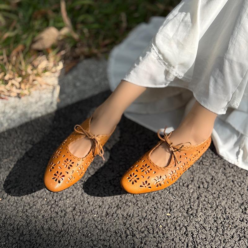 

Johnature Genuine Leather Hollow-out Low Heel Shoes Retro Lace Up Breathable Versatile Women s Shoes 35 верблюд