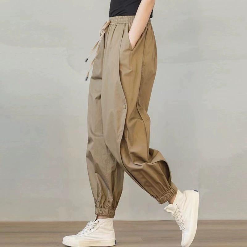 Lady Harem Pants Loose Drawstring Pockets Streetwear Deep Crotch Ankle Banded Aesthetic Lady Cargo Trousers Women Clothing