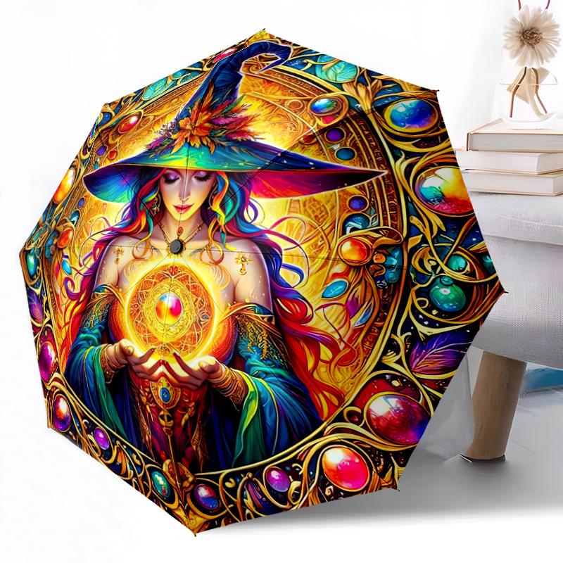 Hexe auf Besen bei Nacht Tragbarer Automatischer Regenschirm Faltbarer Regenschirm mit 8 Speichen Langlebiger Kunststoff & Eisen für Damen/Herren Eleganter Damenschirm