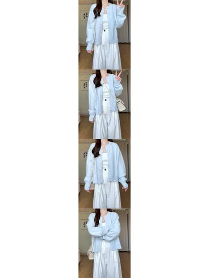 Women's Light Blue Knit Cardigan - Soft, Short, and Simple for Spring, Autumn, and Winter