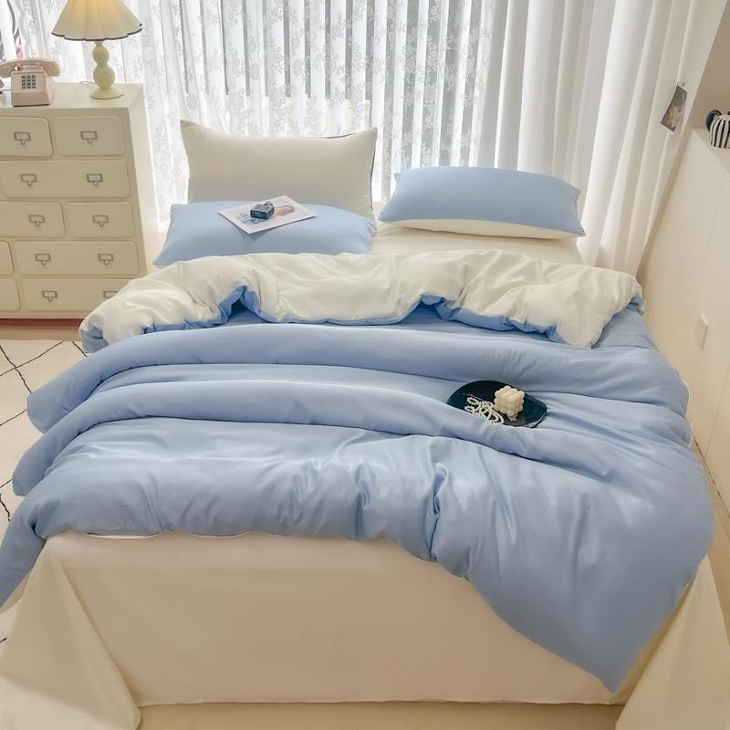 3/4pcs Summer Cool Silk Quilt Set for Bedroom Apartment Solid Color Fashion (1pc Quilt Cover +1pc Bed Sheet +1/2pcs Pillowcase)