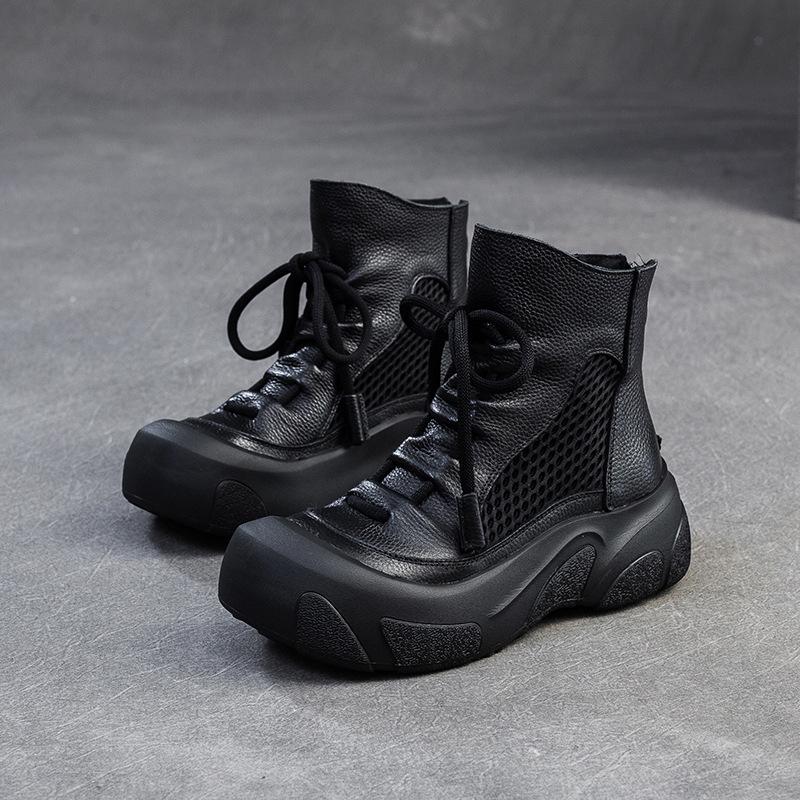 Johnature Cizme din piele naturală cu decupaje, retro, lucrate manual, cu vârf rotund, respirabile, pentru femei, cu talpă groasă