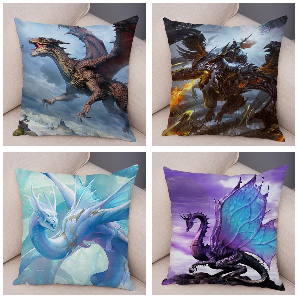 Fronha de almofada com estampa de animal de desenho animado, capa de almofada com estampa de dragão, capa de almofada decorativa para carro, sofá, casa, sala de estar