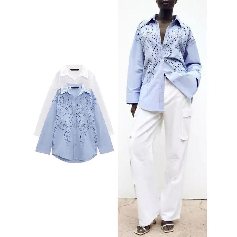 

Solid Color Hollow out Embroidered Shirt Pure Color Cut Out Embroider Shirt White-TRAF16 S(S)