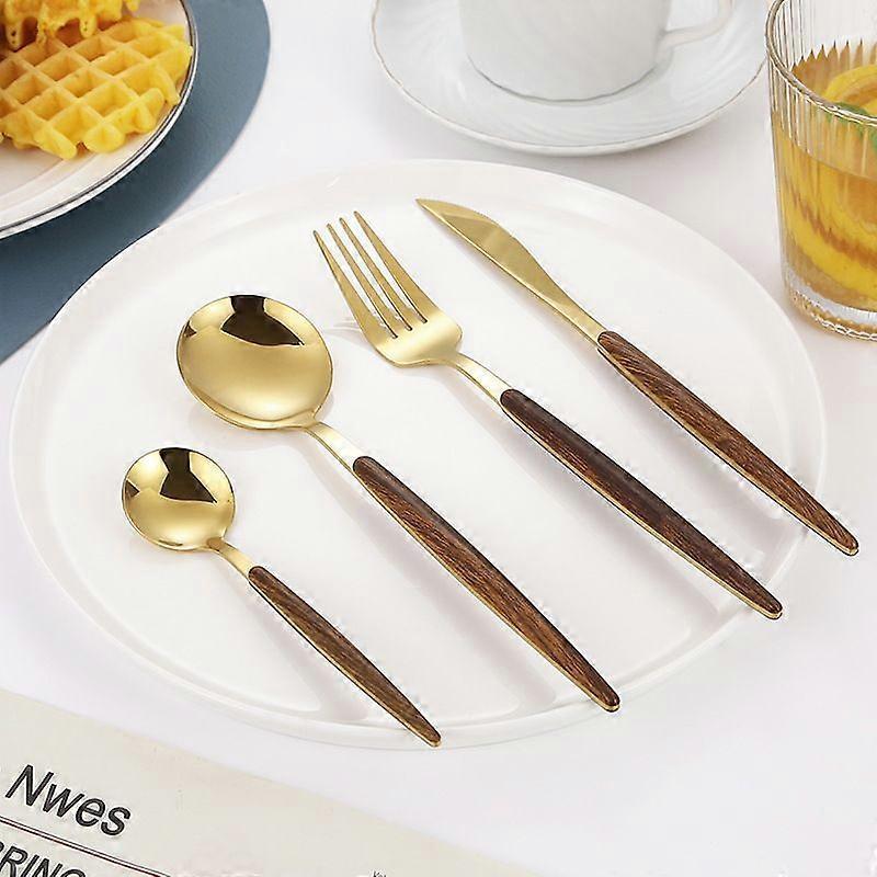 Rose Round Handle Wood Grain - 4-piece Set Imitation Wood Handle Stainless Steel Steak Knife and Fork Retro Portuguese Western Tableware Set Dessert