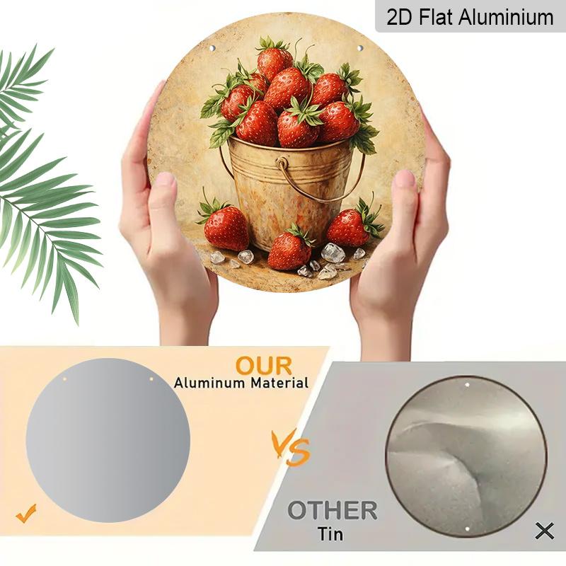 2D Flat Aluminum 7.87 Inch X 7.87 Inch Vintage Fresh Strawberry Pattern Wall Hanging, Country Style, Suitable for Dining Rooms, Gardens, Farmhouses