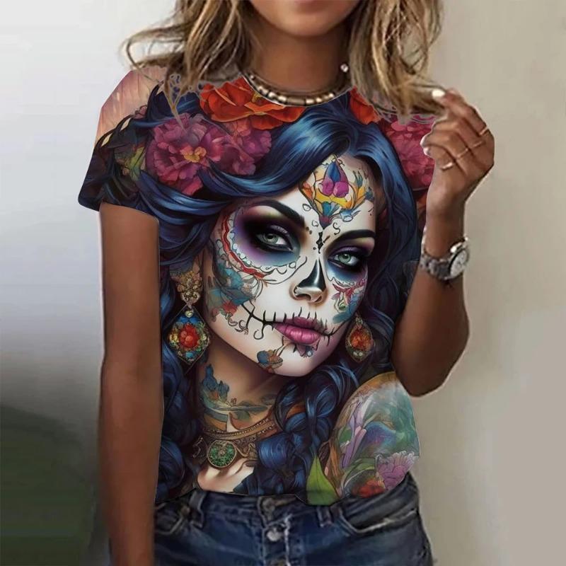 Damen T-Shirt für Mädchen Sommer Kurzarm Lässig Mode Sexy Mädchen Kleidung Horror Untote Schädel Muster Übergroße T-Shirts