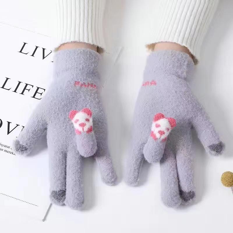 Winter Gloves Winter Girl Thickened Five-finger Student Cute Knitted Cold-proof Riding Touch Screen Warm Cycling Gloves