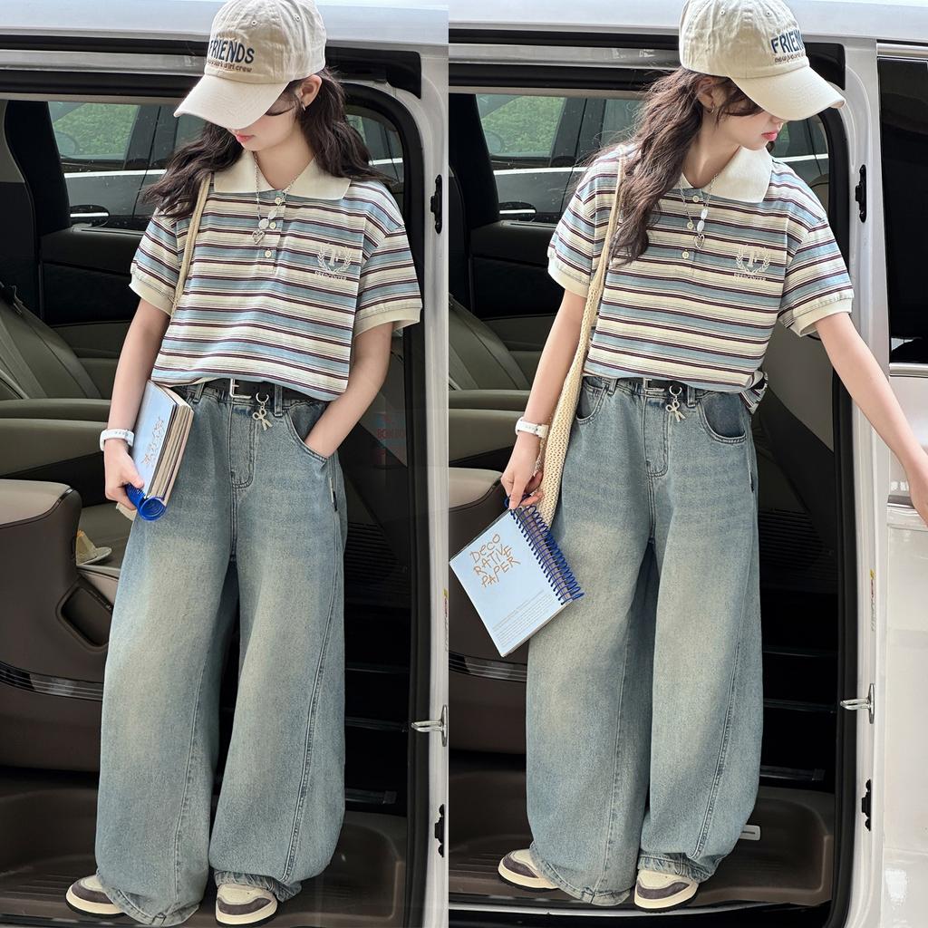 Girls' short sleeved polo shirt summer set, new summer outfit, children's women's clothing, student jeans two-piece set