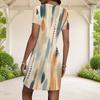 Women Plus Size Round Neck Short Sleeve Blue Green Abstract Printed Fitted Mini Dress