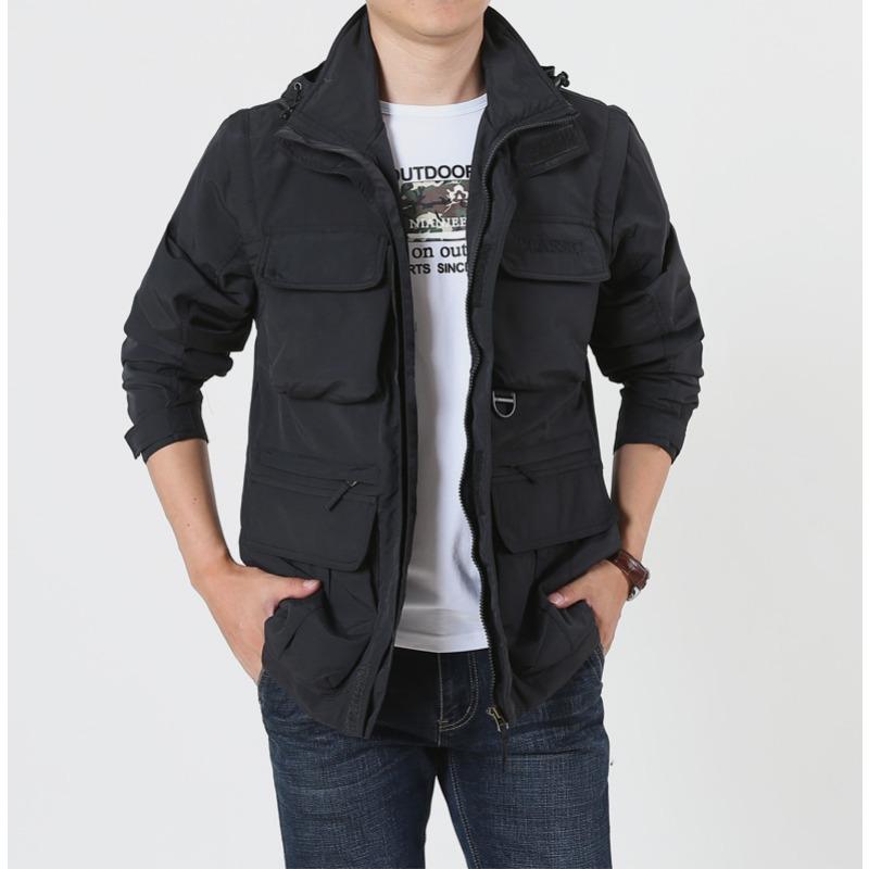 Spring and Autumn Jacket Outdoor Mountaineering Sportswear Removable Sleeve Hooded Multi-Pocket Loose Jacket Men