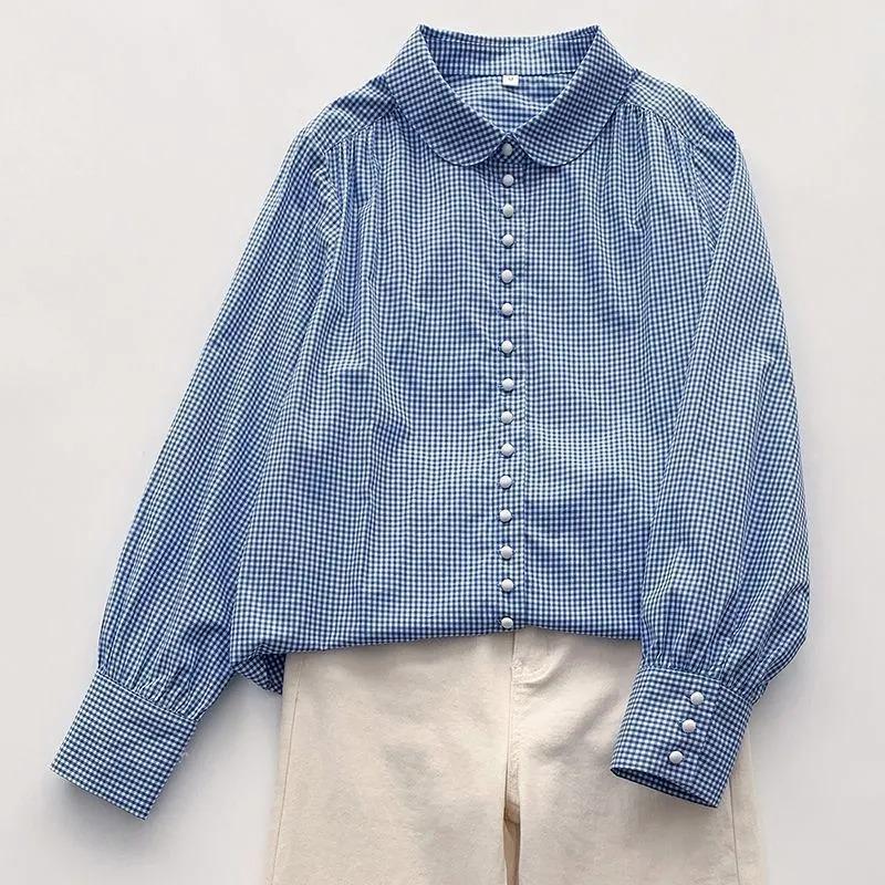 

Plaid Women s Fashion Casual Long-sleeved Loose Versatile French POLO Collar Cotton Shirt M синій