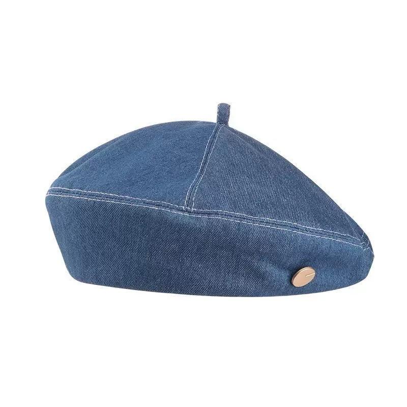 Octagonal Denim Beret Women's Autumn Hat Nostalgic Retro Big Head Circumference Summer Showing Face Small Painter Hat High Sense