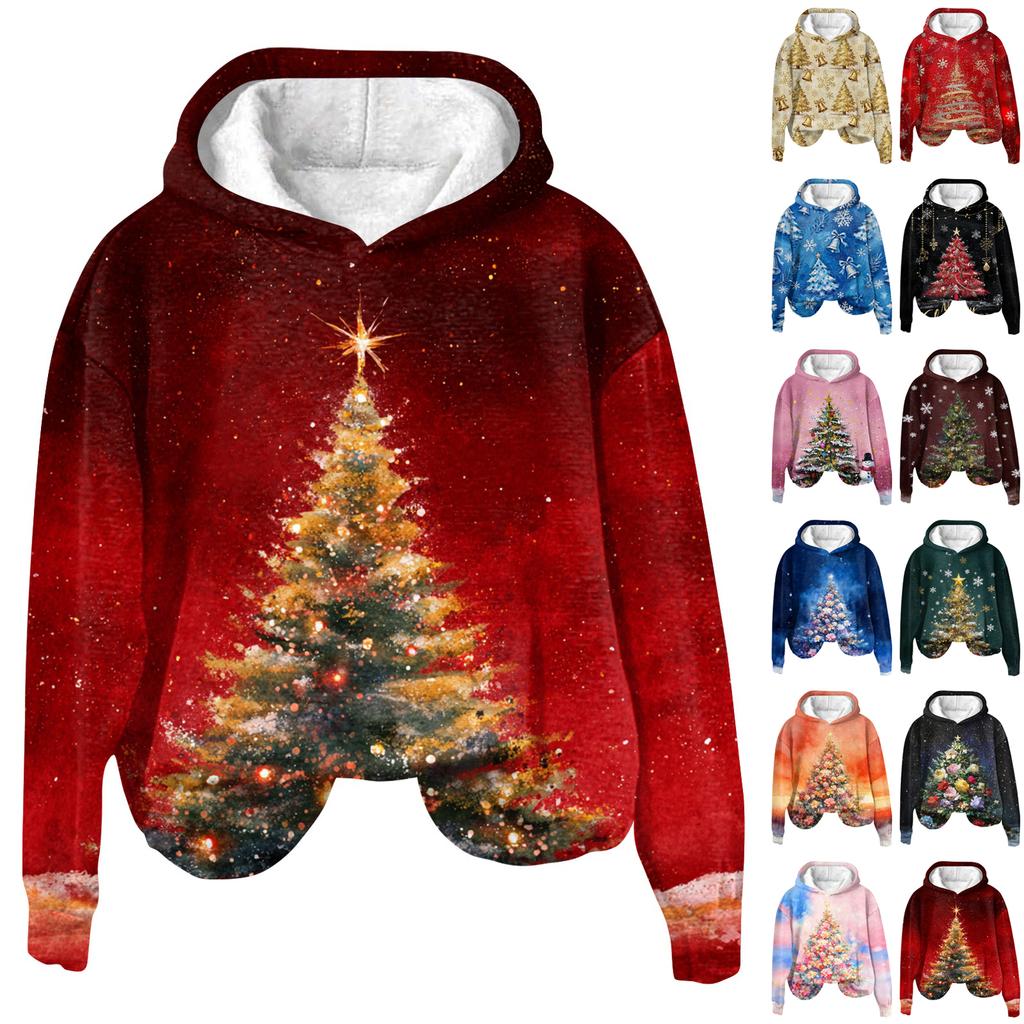 Women's Fashion Long Sleeve Christmas Print Loose Hooded Sweatshirt Top