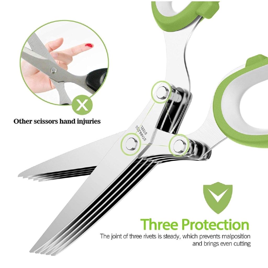 Homlly 5 Stainless Steel Blades Herb Scissors (Green) (X2PCS)