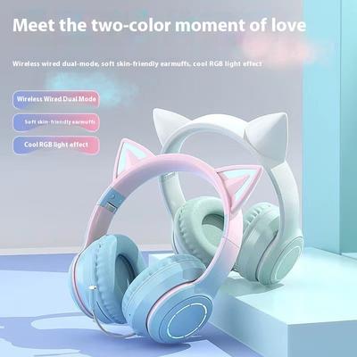 Headset Cat Ear Earphones Girl Luminous Game Wireless Bluetooth Cartoon Gradual Change Color Headset