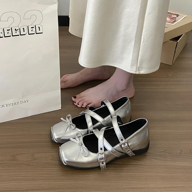 Buckle Small Leather Shoes French 2025 Vintage Spring Black Light Mouth Heightening Square Head Cross Ballet Single Shoes Women