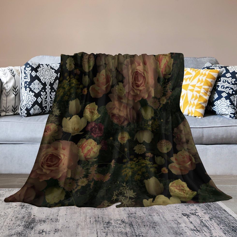 Rustic Watercolor Botanical Rose Peony Vintage Leaves Plant Boho Gothic Print Throw Blankets for Bed Living Room Bedding Couch