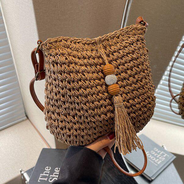 2025 Dam Populär Vävd Crossbody Hinkväska - Resa Strand Halm Axelväska för Sommaren