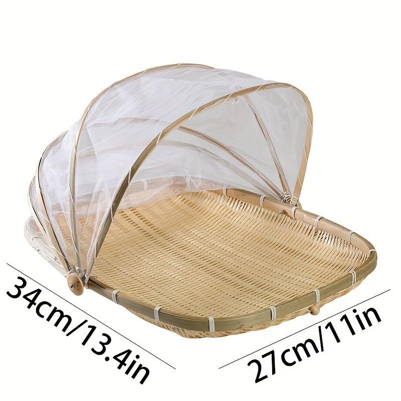 1 pcs hand-woven bamboo tent basket with mesh lid, dustproof household food storage basket for outdoor and indoor use