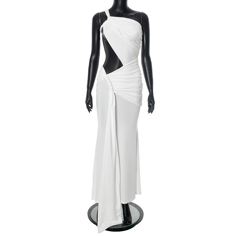 Sanhu Lianjiang G25DS044 Women s Solid Color Irregular Pleated Long Dress Large