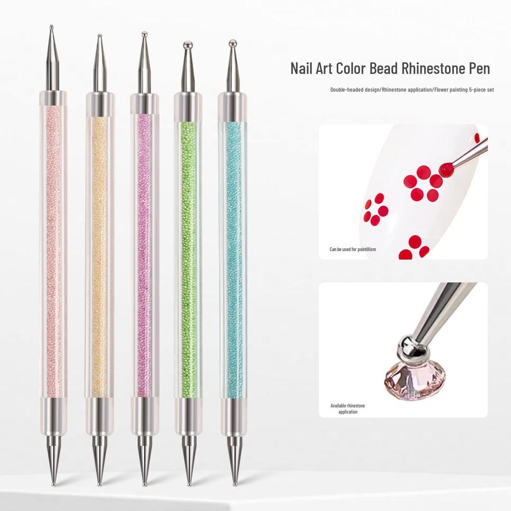 Nail Art Set: 5-Piece Colored Bead Sticks & Double-Ended Rhinestone Pens for Flower Painting & Beading