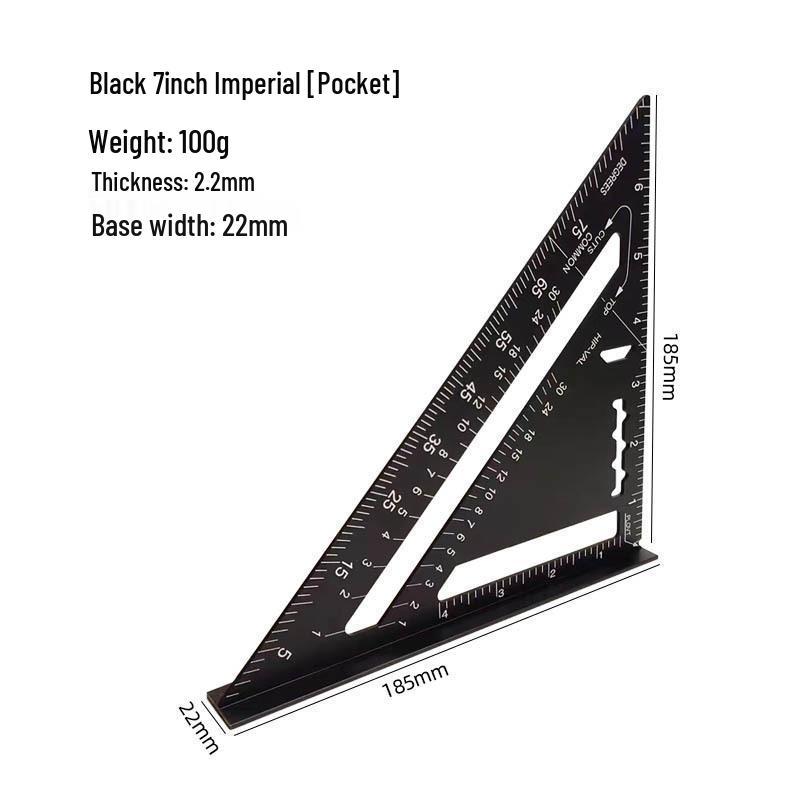 7/12" Aluminum Triangle Ruler: Woodworking, Imperial/Metric, Black Oxide, 90°/45° Right Angles.