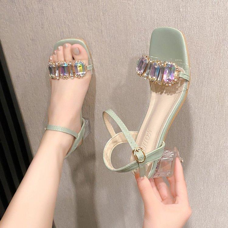 Fashion Ladies Shoes 2025 Summer Open-Toe Elegant Sexy Women's Sandals Rhinestone Mid Heel Strappy Sandal Comfortable Crystal High Heels