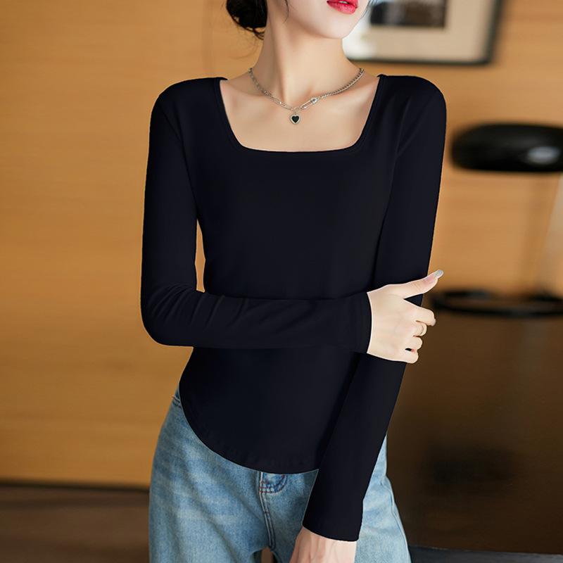 

Pure Cotton Square Neck Long-sleeved T-shirt for Women s French Sexy Slim Top Autumn New Style Short Base Shirt XXL чёрный