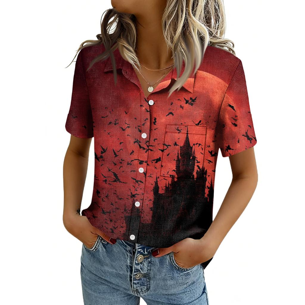 Women's Casual Short Sleeve Button Down Shirt with Pocket for Independence Day