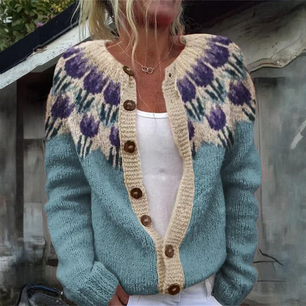 Swetry kardigan Fair Isle dla kobiet z okrągłym dekoltem, o luźnym kroju, zapinane na guziki, gruby sweter, otwarty przód, casualowa jesienna dzianinowa kurtka
