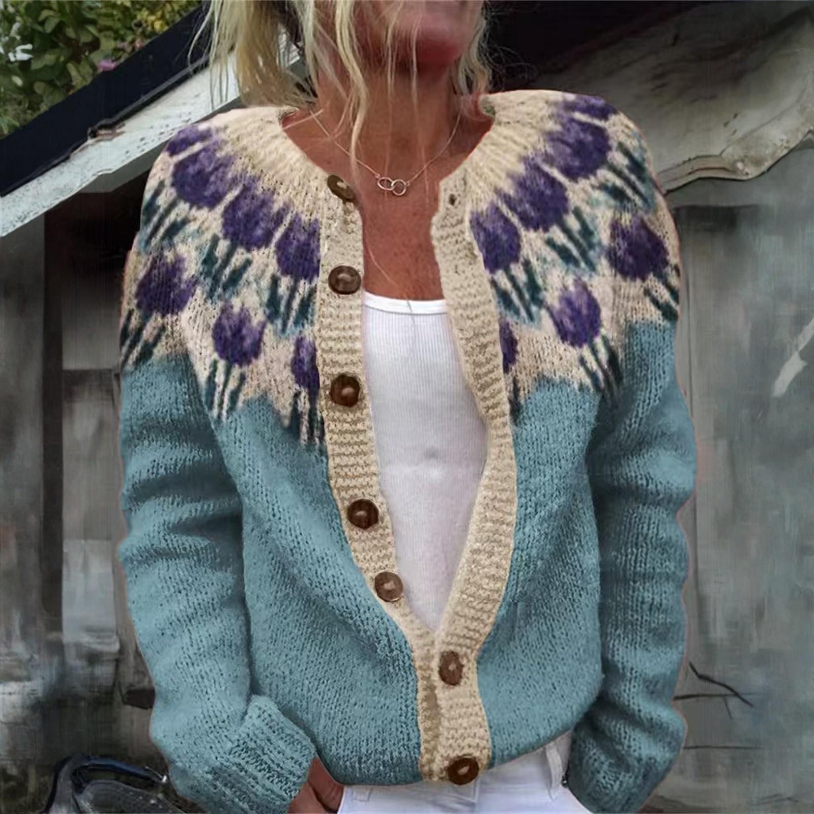 

Кардиганы в стиле Fair Isle для женщин, с круглым вырезом, свободного кроя, на пуговицах, объемный свитер, с открытой передней частью, повседневная вязаная куртка на осень L