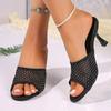 Fashion Temperament Slip-on Slippers Summer New Round Head Open-toe Rhinodrill Mesh Set Foot Anti-slip Wear-resistant High Heels