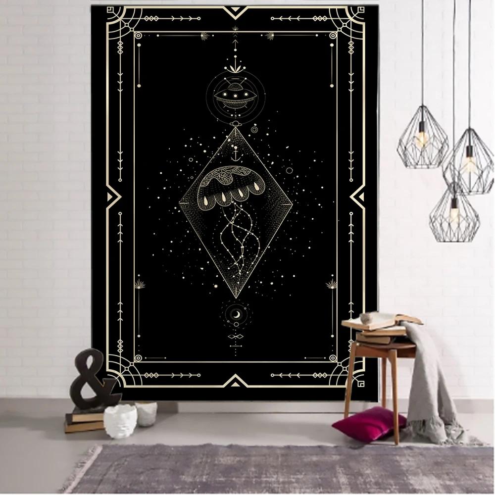 Witchcraft Tarot Tapestry Wall Hanging Black Khaki Sun Moon Starry Universe Geometric Pattern Dormitory Home Decoration Curtains
