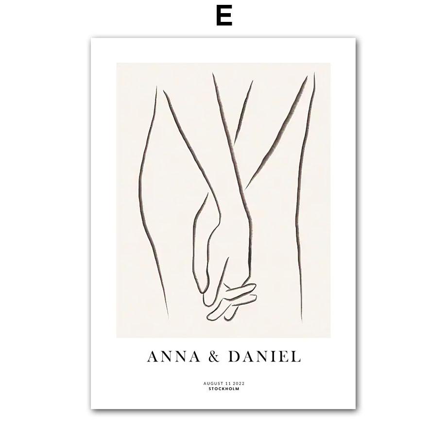 Line Drew Couple Lovers Name Special Date Customized Nordic Posters And Prints Wall Art Canvas Painting Home Decoration Pictures