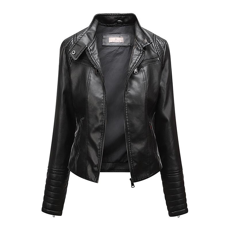 Cross-border European and American style slim-fit short PU leather jacket women's locomotive jacket stand-up collar zipper fashion versatile spring a
